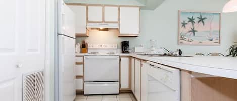 Microwave, coffee/tea maker, cookware/dishes/utensils