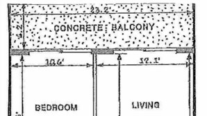 A floor plan of a house with labeled rooms including a bedroom, living room, dining area, kitchen, bathroom, and entry/garage. - The Palms 502 - Palm Paradise (Fort Walton Beach)