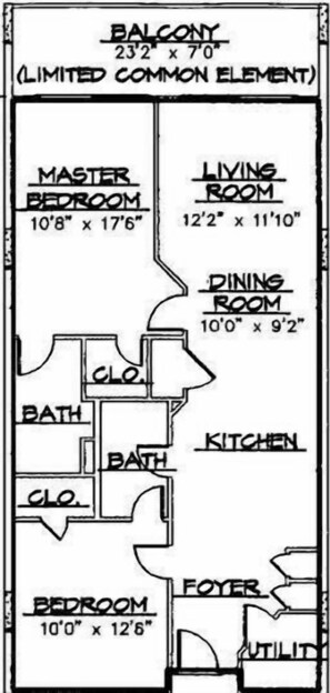 Plano de planta de un apartamento de 589 x 178 centímetros, que incluye un dormitorio principal, sala de estar, comedor, cocina, dos baños, un vestíbulo y un cuarto de servicio.