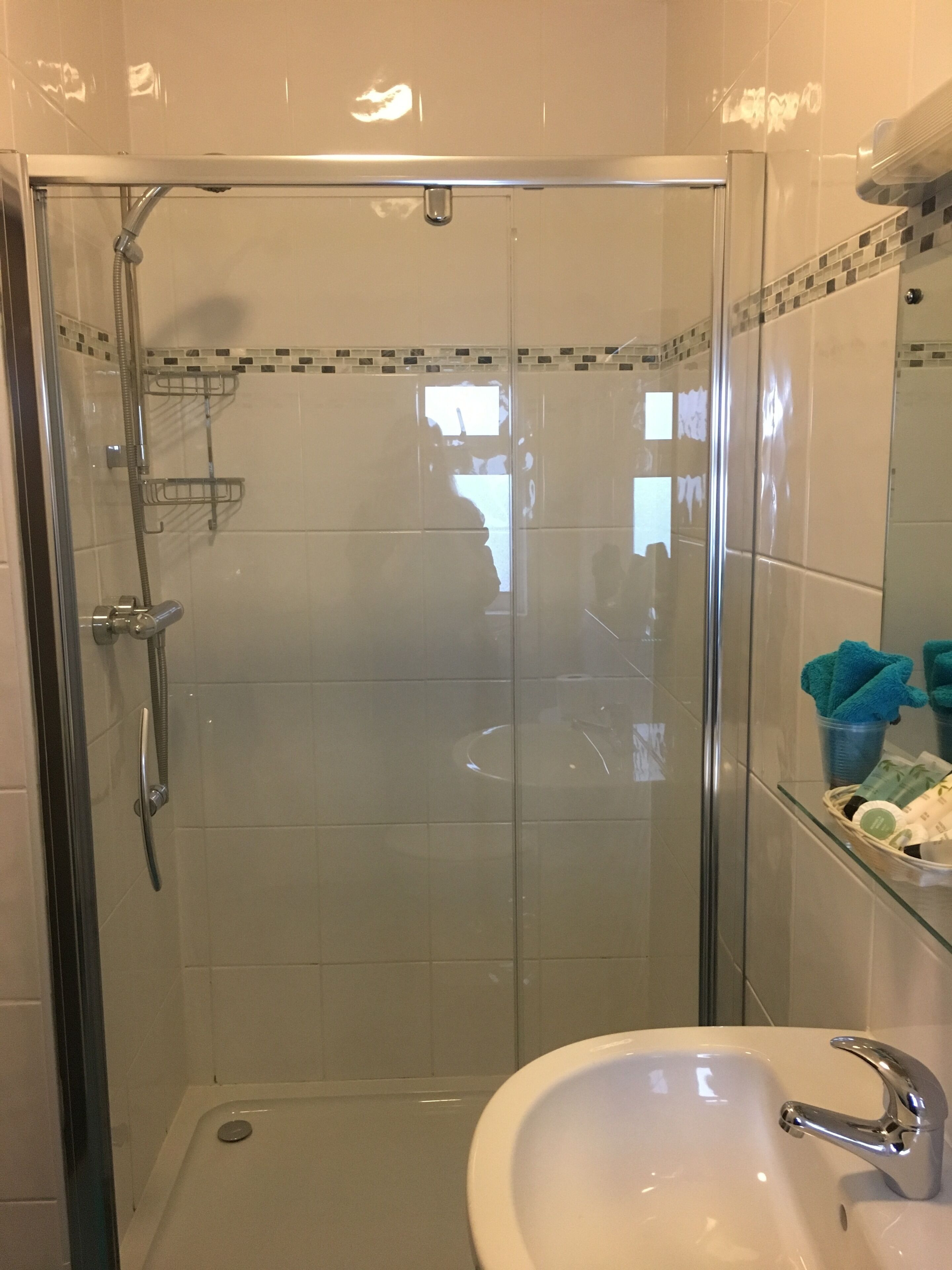 Een douche met glazen wanden, een handdouche en een glazen plank met toiletartikelen.