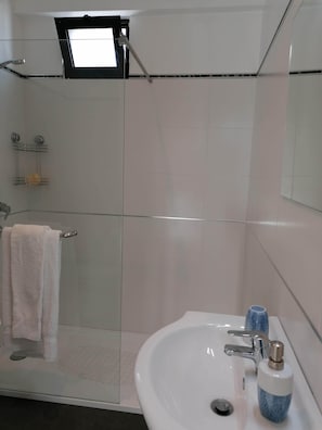 Douche, sèche-cheveux, serviettes fournies, savon