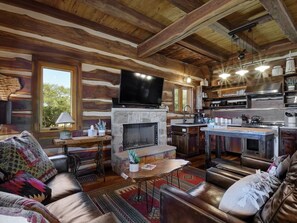 Fireplace - Cedar Vista-Rustic Luxury INCREDIBLE VIEWS! Hot Tub, Fire Pit, 2 bedrm/ 2 bath (San Marcos)
