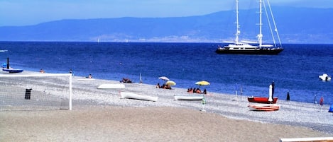 On the beach, sun loungers