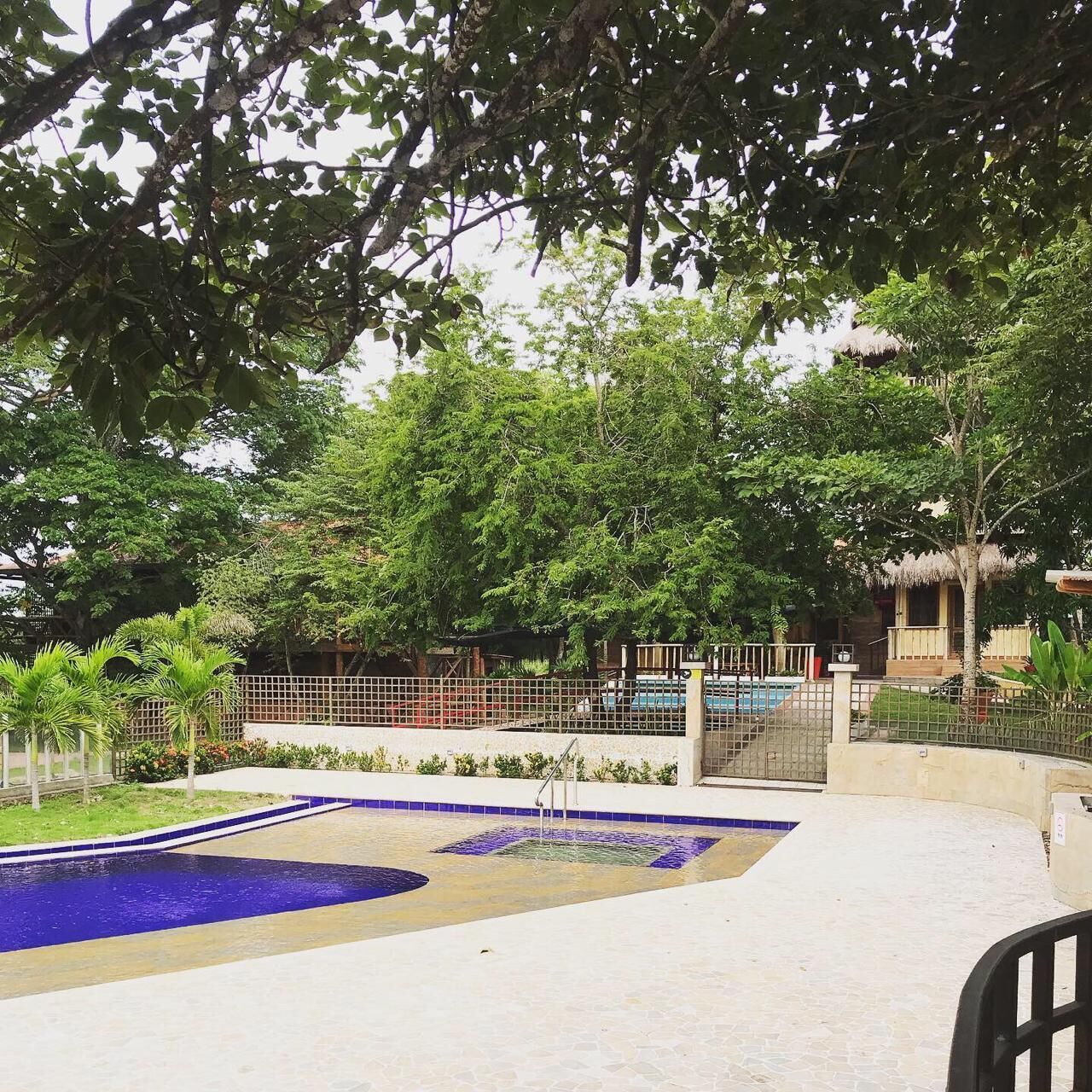 A swimming pool with a blue and yellow mosaic design, surrounded by a fence and trees.