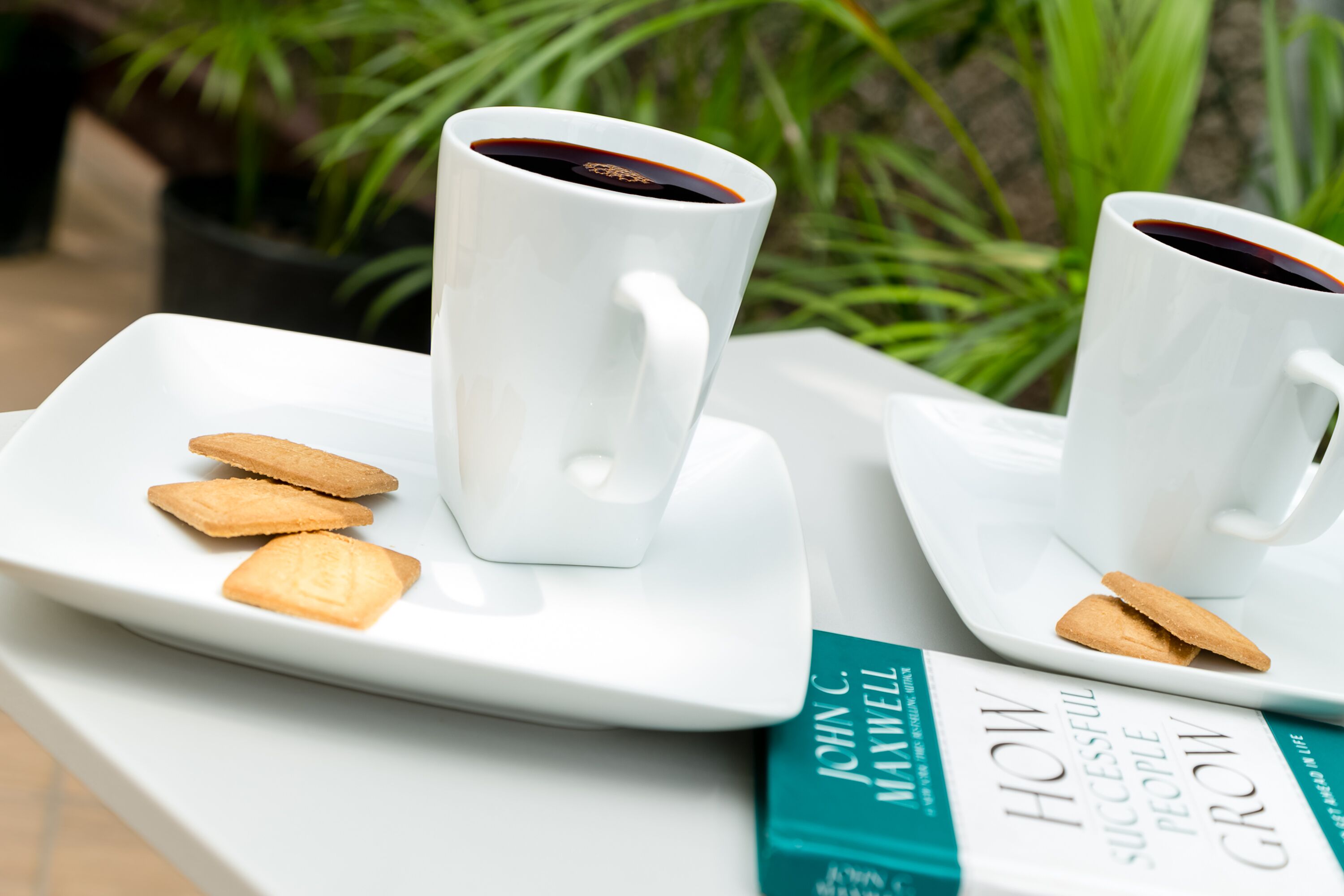 Duas chávenas de café brancas em pires brancos, um livro intitulado 'How Successful People Grow' e alguns biscoitos sobre uma mesa branca.