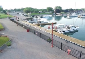 Stroll along the covered walkway to the boats docked along the water.