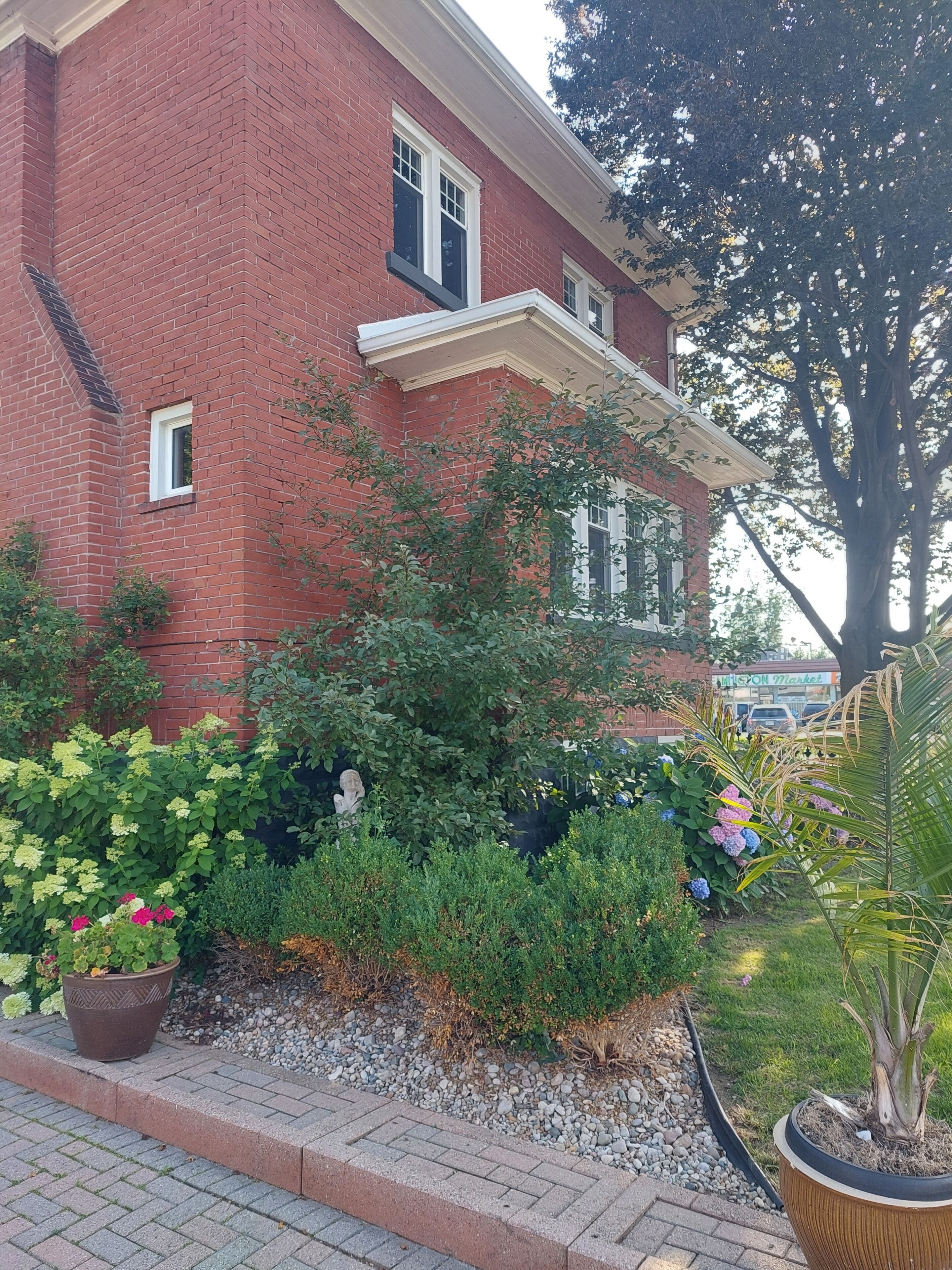 A red brick building with a small garden area, a statue, and a tree.