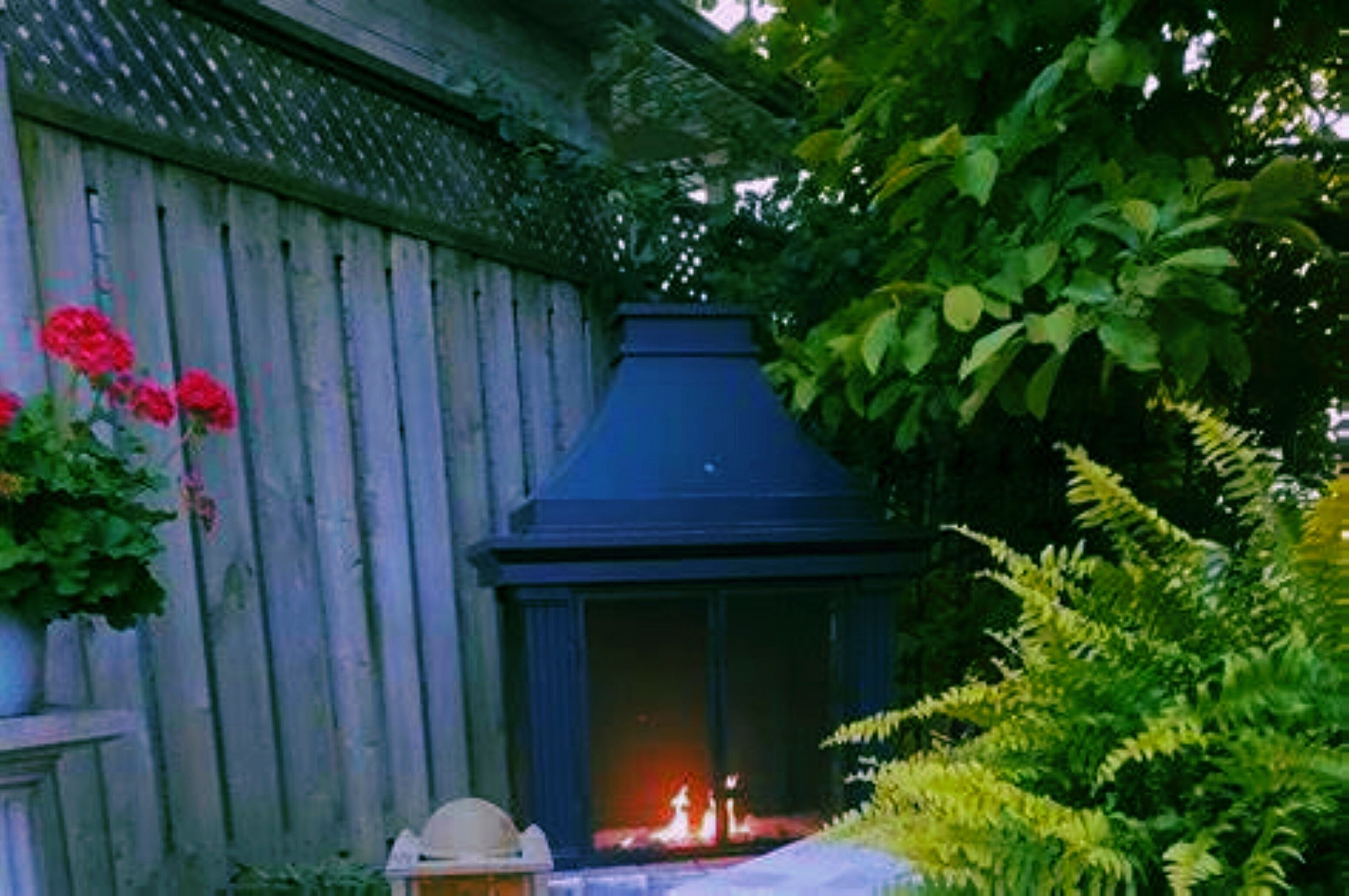 A wooden fence with a blue chimney, a potted plant with red flowers, and green foliage.
