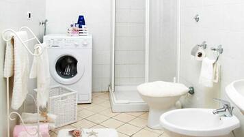 Shower, hair dryer, bidet, towels