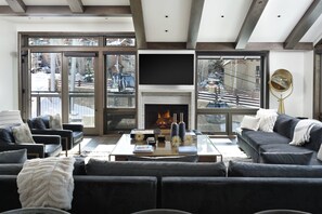 TV connectée, cheminée, livres, chaîne hi-fi