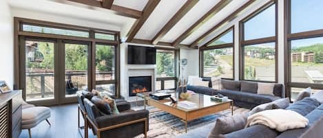 Smart TV, fireplace, books, stereo