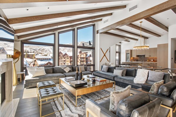 Smart TV, fireplace, books, stereo