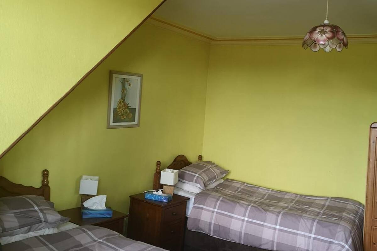 A room with two beds, a nightstand, a lamp, and a ceiling fan.