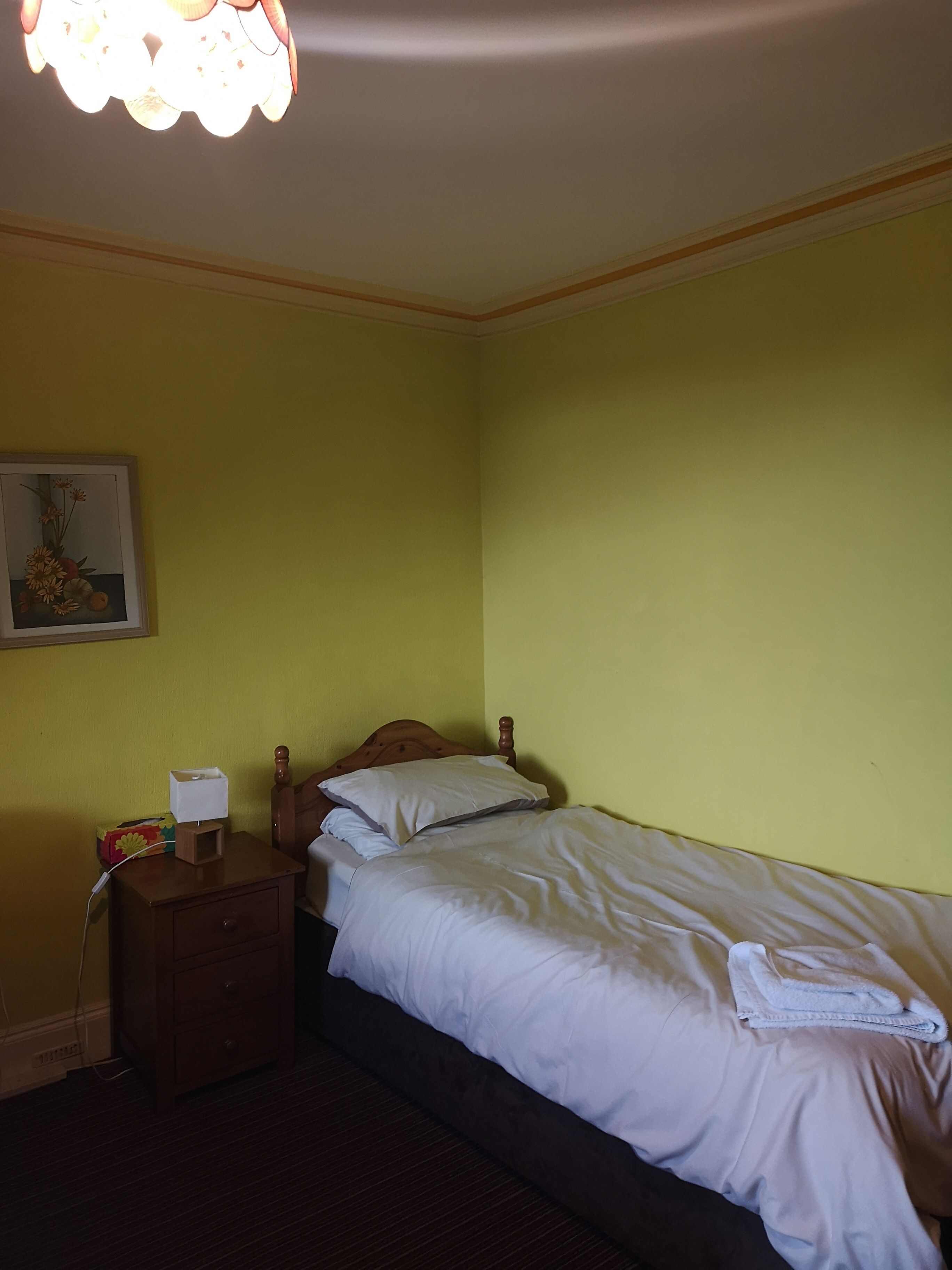 Una cama individual con sábanas blancas, una mesita de noche de madera con una lámpara y un cuadro en la pared.
