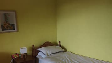 Una cama individual con sábanas blancas, una mesita de noche de madera con una lámpara y un cuadro en la pared.