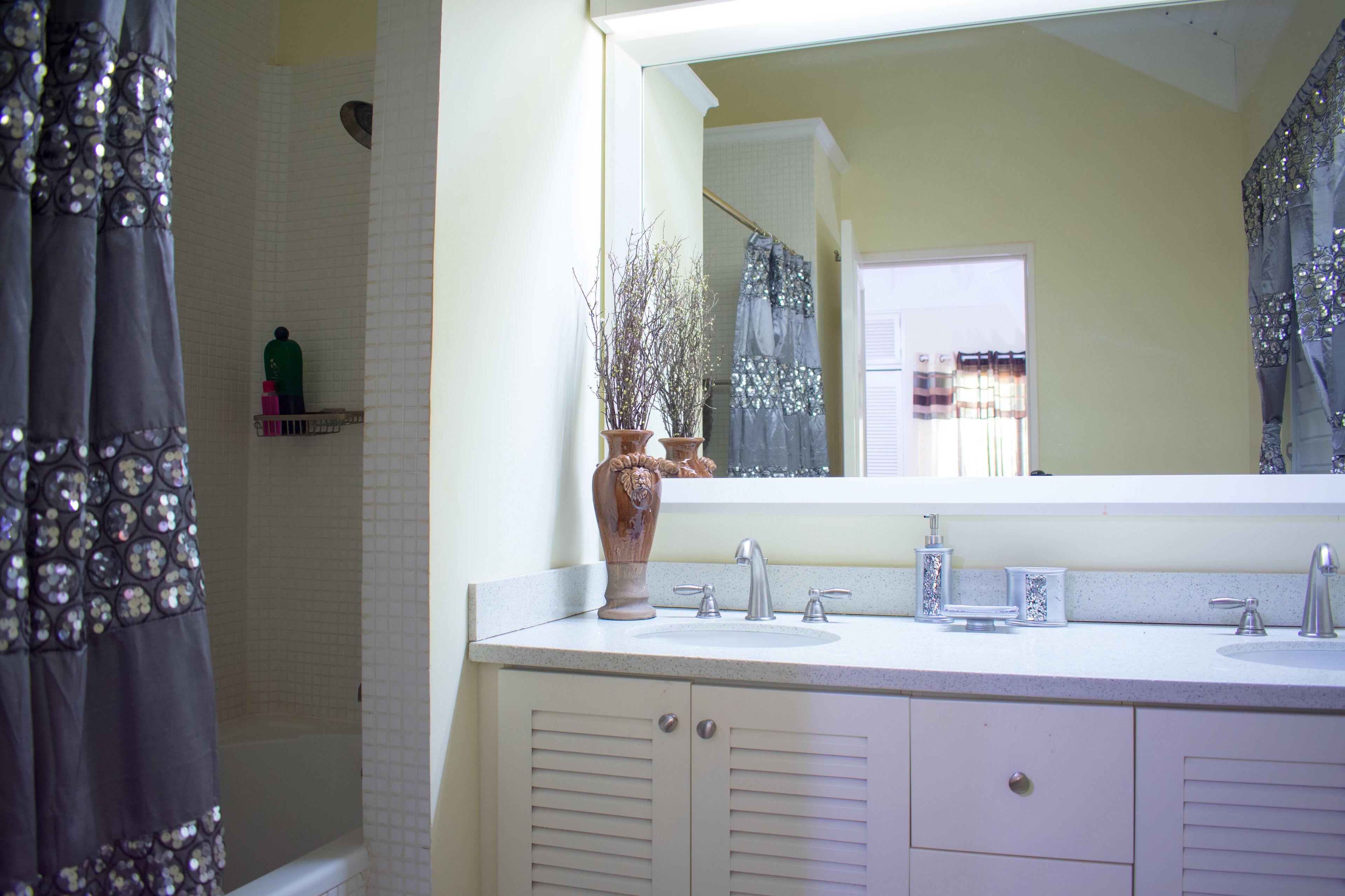 A bathroom with a white vanity, a large mirror, and a shower area.
