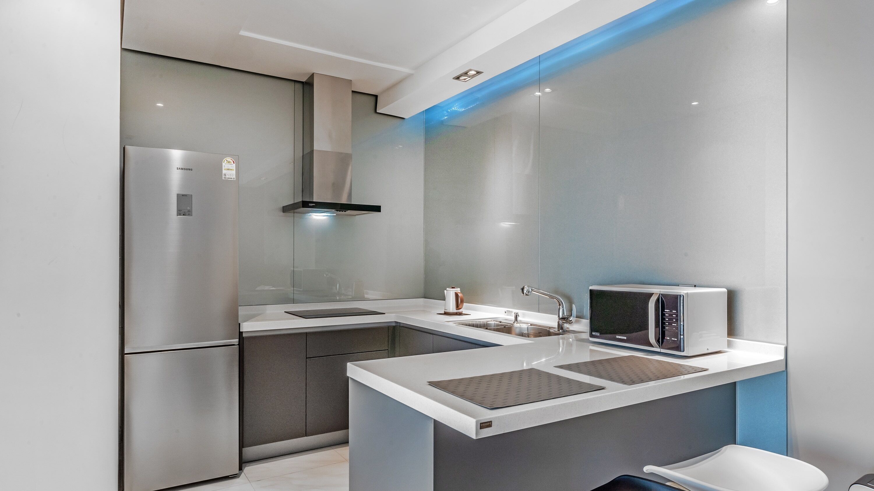 room (a_101) | private kitchenette | full-sized fridge, microwave, stovetop, electric kettle