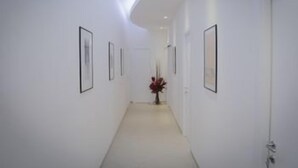 A corridor with white walls, framed pictures, and a central plant. - Ad 2015 Guesthouse (Rome)