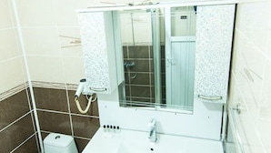 A small bathroom with a toilet, sink, mirror, and shower.