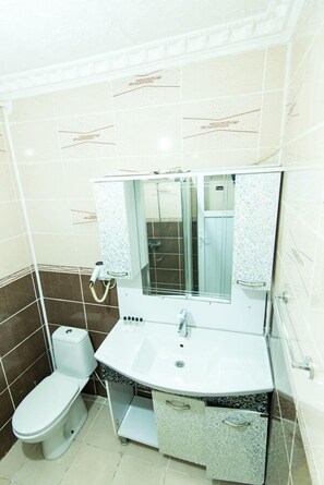 A small bathroom with a toilet, sink, mirror, and shower.