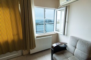 A room with a large window, a radiator, a grey sofa, and a curtain.