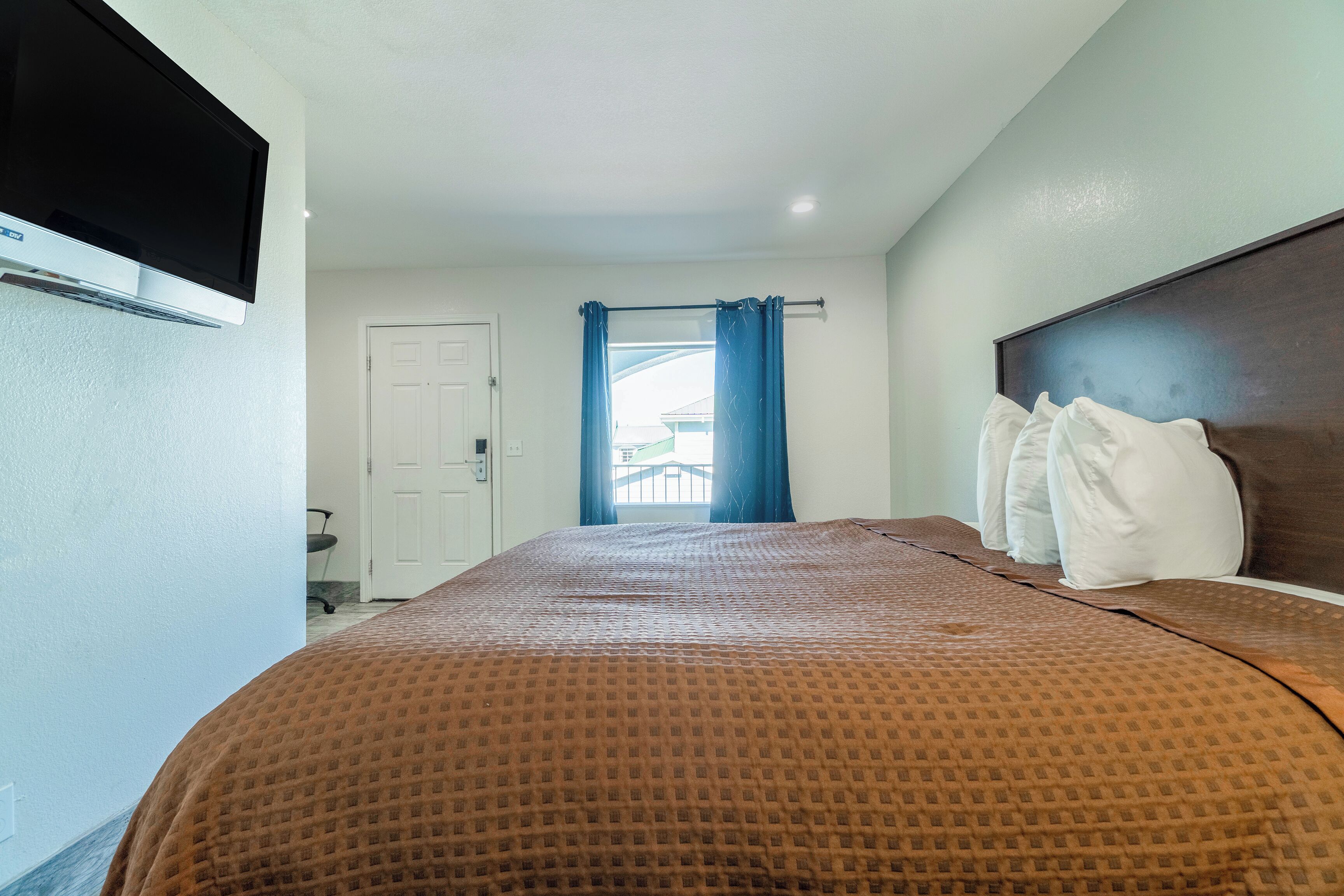 A bedroom with a bed, a TV mounted on the wall, a door, and a window with blue curtains.