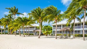 Un complexe hôtelier de bord de mer, avec des palmiers, des chaises de plage et un bâtiment doté de balcons.
