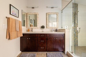 Combined shower/tub, hair dryer