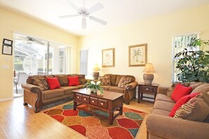 Family Villa, Garden Area | Living room | Flat-screen TV, video-game console - Ffv8431ha - Tuscan Hills - 5 Bed 3.5 Baths Villa (Davenport)