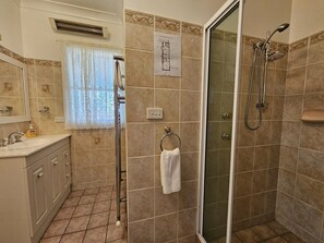 Shower, hair dryer, towels