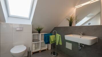 A modern bathroom with a skylight, a toilet, a sink, and a towel rack.