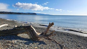 Ein Kiesstrand mit Treibholz und ruhiger See.