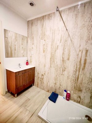 Dusche, Handtücher, Shampoo, Toilettenpapier