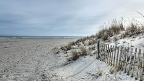 A sandy beach with a wooden fence and sparse vegetation. - Spacious Avalon Beach House - 2 Blocks to Water! (Avalon)