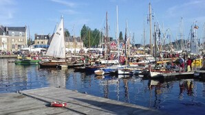 En lysthavn med flere både i havnen, en træbrygge og bygninger i baggrunden.