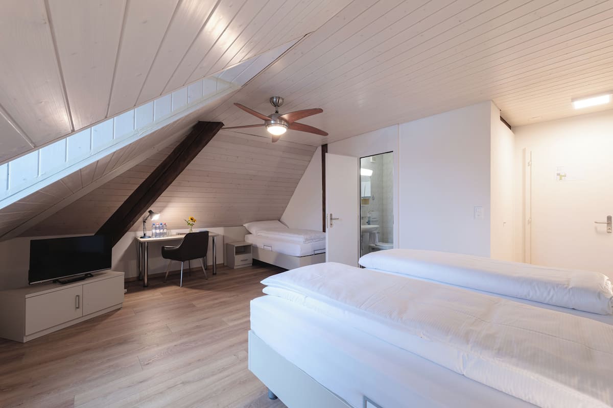 Un dormitorio moderno y luminoso en el ático, con techo inclinado, ventilador de techo, escritorio con silla, cama y televisor.