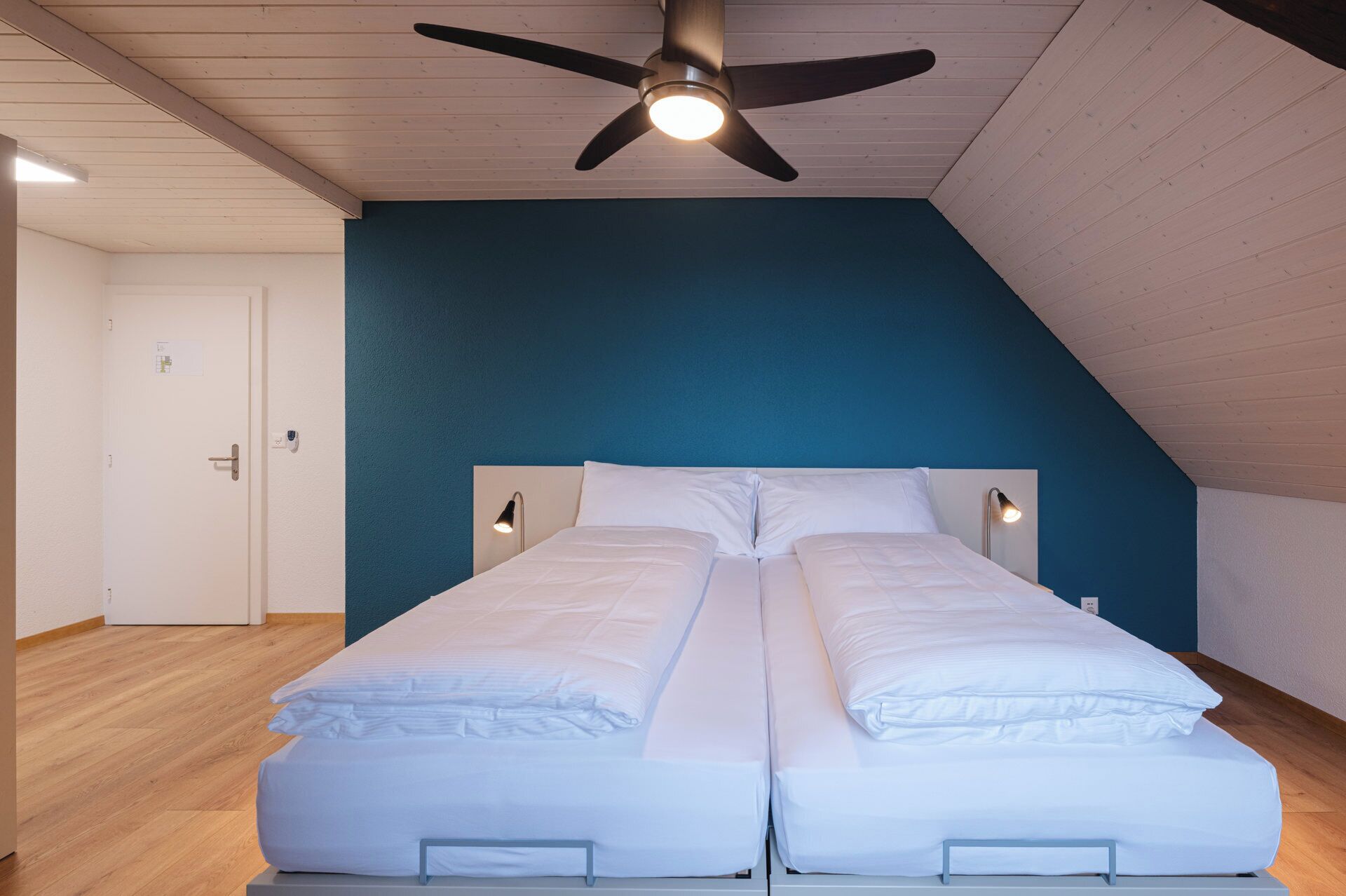 A twin bed with a headboard, a ceiling fan, and a nightstand with a lamp.