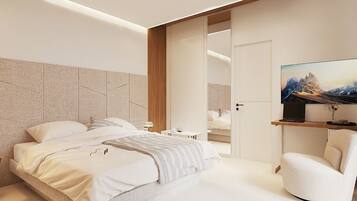 Un dormitorio moderno con cama, mesitas de noche, una silla y televisor.
