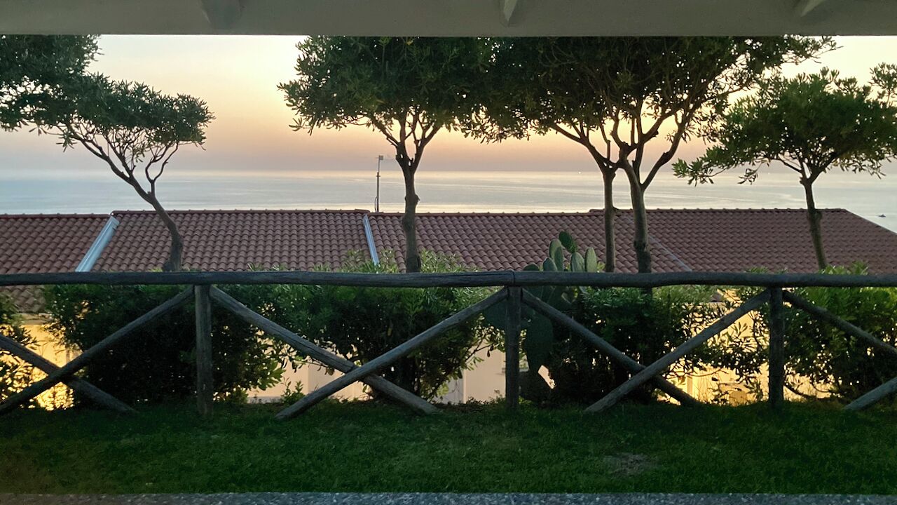 A view of a coastal area with a tiled roof structure, trees, and a body of water.