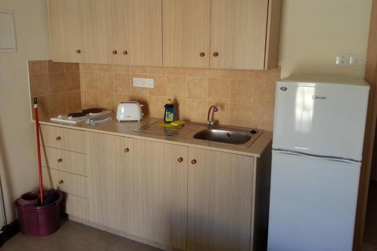 Una cocina con armarios de madera, un fregadero, un tostador y un refrigerador.
