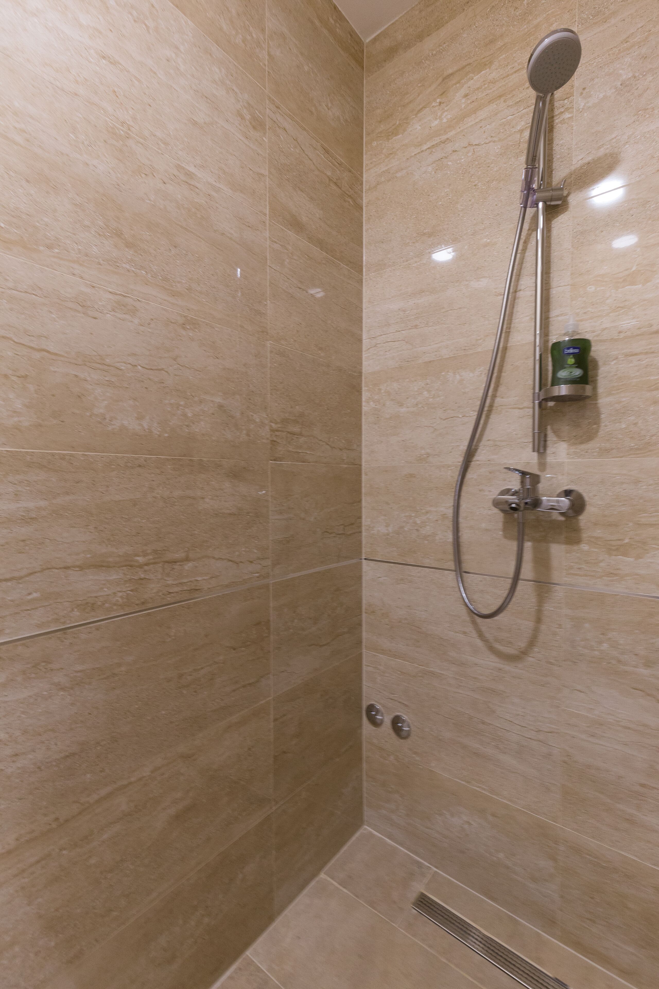 A shower with a handheld showerhead and a wall-mounted faucet.