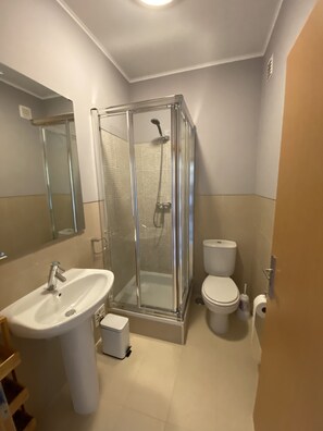 Combined shower/tub, hair dryer, bidet, towels