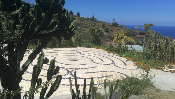 Un espace extérieur circulaire, doté d’un sol à motifs, entouré de cactus et de palmiers, et offrant une vue sur un paysage côtier.