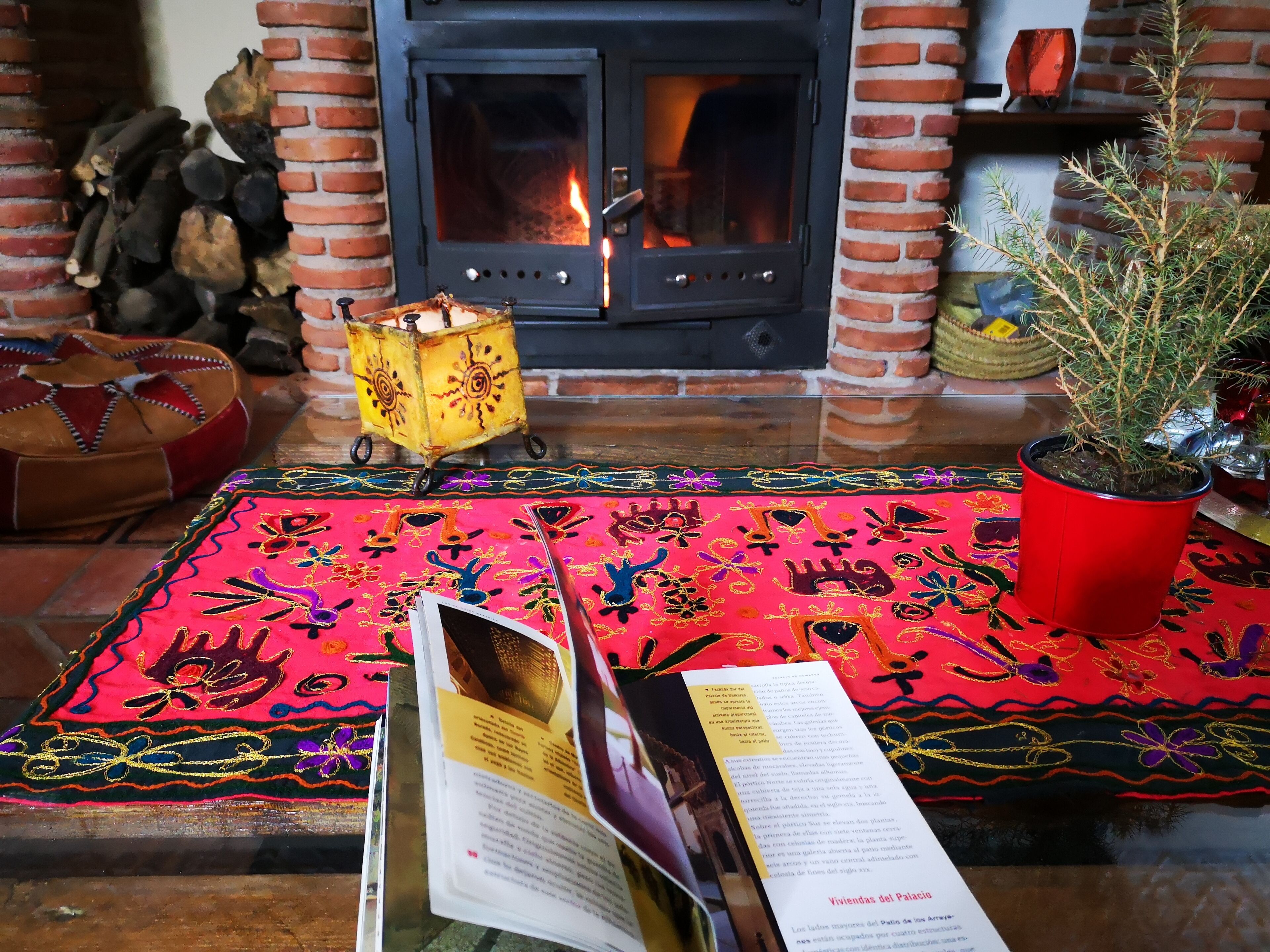 A cozy room with a fireplace, a patterned rug, a potted plant, and a book on a table.
