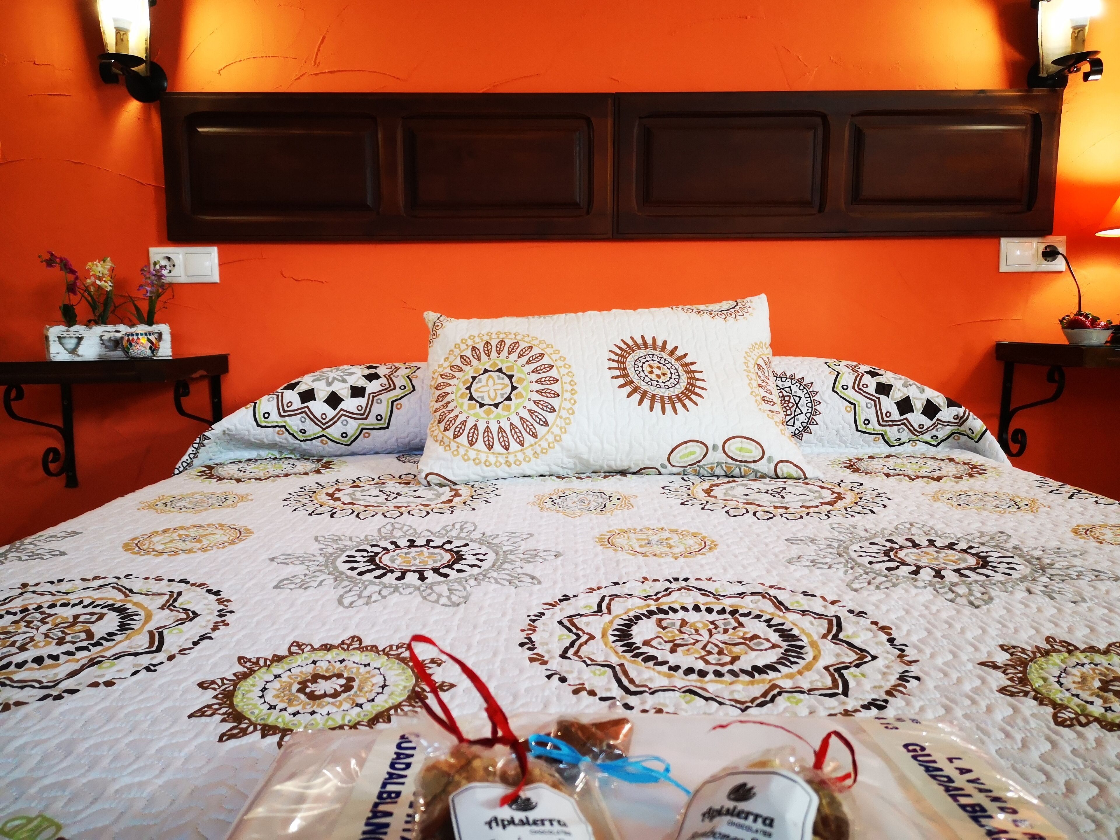 Una cama con ropa de cama estampada, un cojín decorativo y una mesita de noche con una pequeña planta.