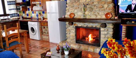 A cozy living room with a stone fireplace, a television, and a kitchen area with a washing machine.