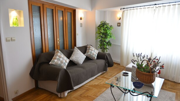 A living room with a sofa, a glass coffee table, a plant, and a window with curtains. - Victoriei 7 - 2 bedroom apartment downtown (Sector 1)