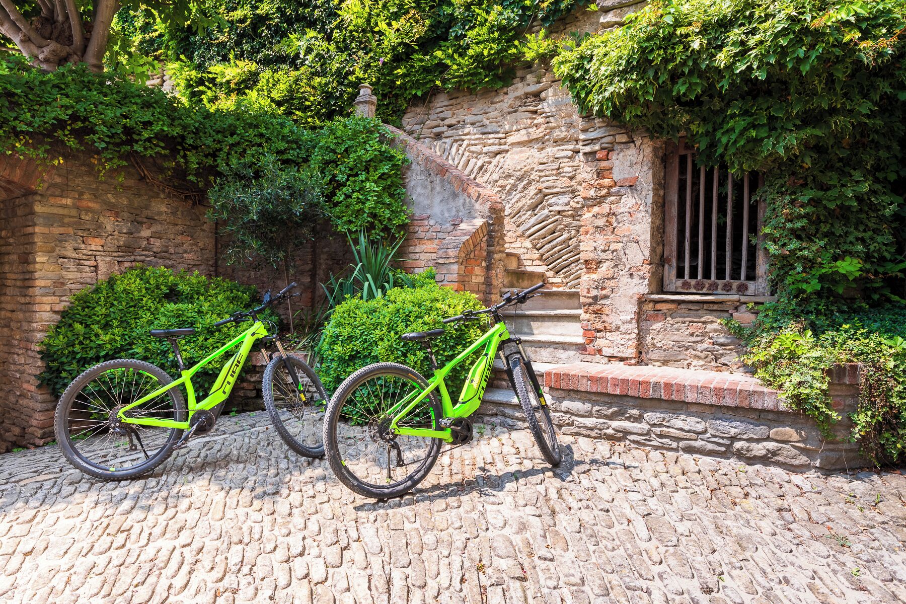 Two bicycles parked against a stone wall with greenery and a window with bars.