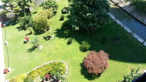 Un giardino curato con diverse piante e arbusti, un vialetto lastricato e un piccolo elemento d'acqua.