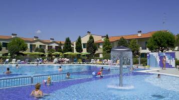 Seasonal outdoor pool, pool umbrellas, pool loungers